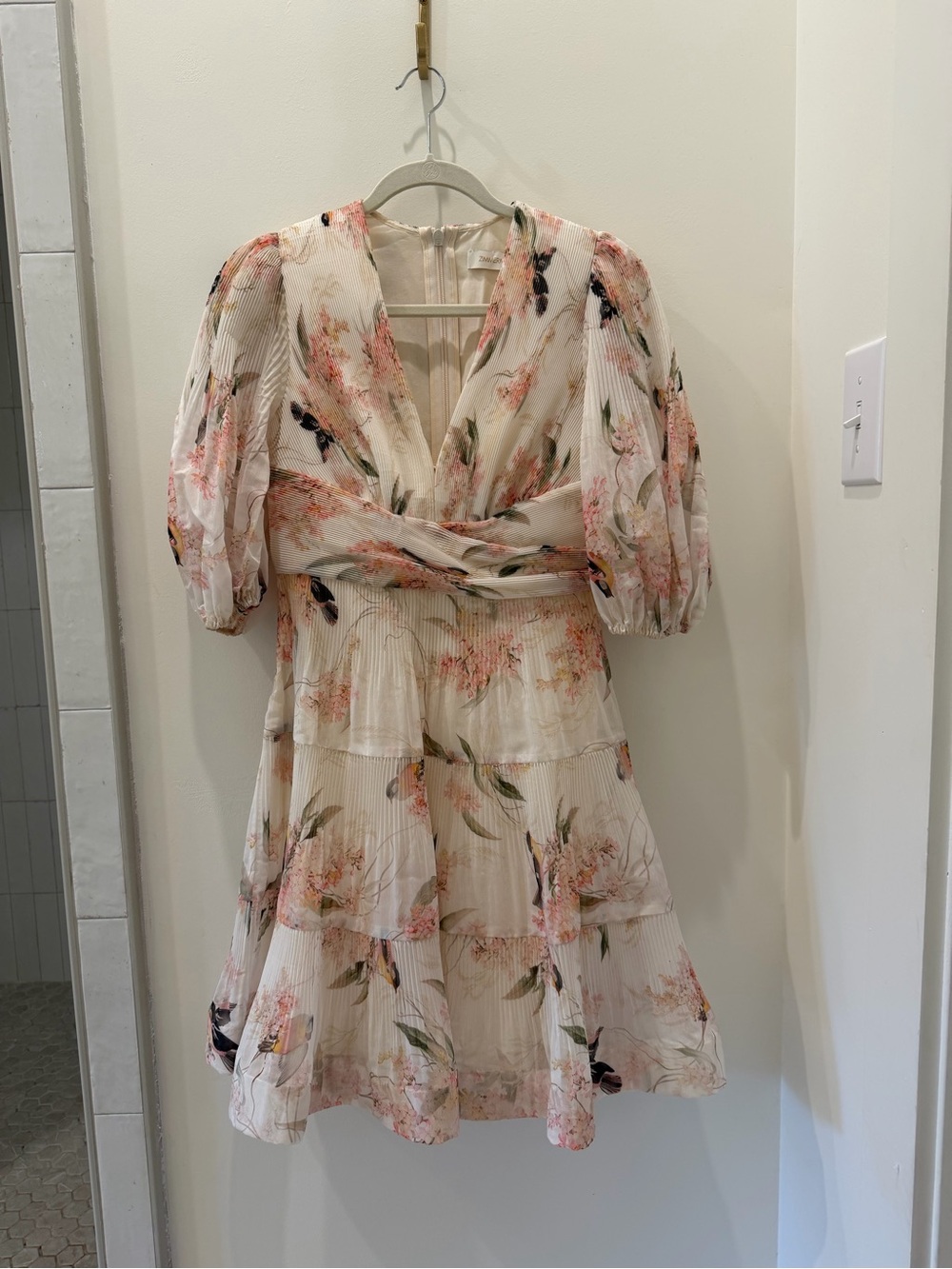 Zimmermann Floral V-Neck Short Dress in Cream and Pink